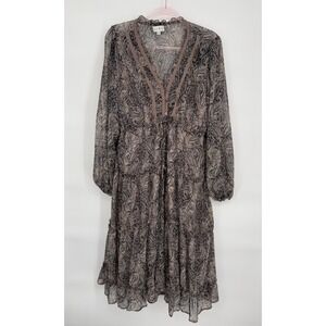 Wonderly Women's Sz L Paisley Broen‎ Print Ruffle Tiered Long Sleeve Maxi Dress